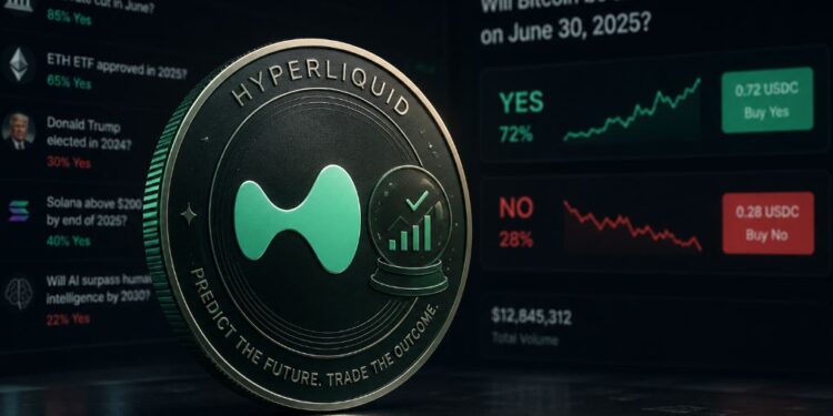 Una moneda física de Hyperliquid rodeada de apuestas de mercados de predicción.