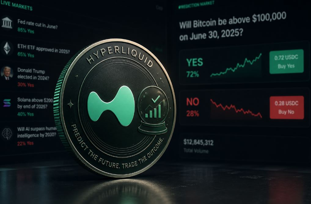 Una moneda física de Hyperliquid rodeada de apuestas de mercados de predicción.