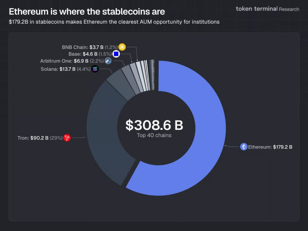 Gráfico de tortas donde se describe la distribución de stablecoins en las 40 grandes redes de criptomonedas. Fondo negro.