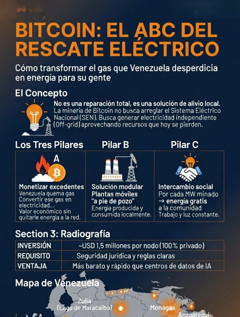 Infografía titulada BITCOIN: EL ABC DEL RESCATE ELÉCTRICO sobre cómo transformar el gas que Venezuela desperdicia en energía para su gente.