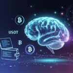 Un cerebro aparece en el centro de la imagen haciendo referencia a la IA, le acompaña un monedero y los logos de bitcoin y USDT