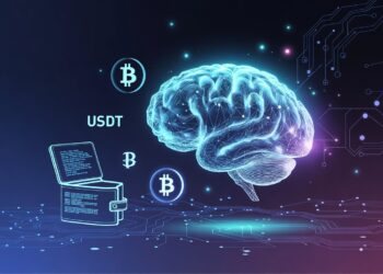 Un cerebro aparece en el centro de la imagen haciendo referencia a la IA, le acompaña un monedero y los logos de bitcoin y USDT