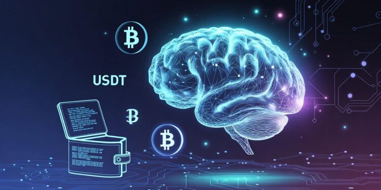 Un cerebro aparece en el centro de la imagen haciendo referencia a la IA, le acompaña un monedero y los logos de bitcoin y USDT