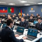 Agentes policiales aparecen sentados cada uno frente a una computadora en la que se observa informaciรณn sobre bitcoin y criptomonedas