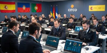 Agentes policiales aparecen sentados cada uno frente a una computadora en la que se observa información sobre bitcoin y criptomonedas