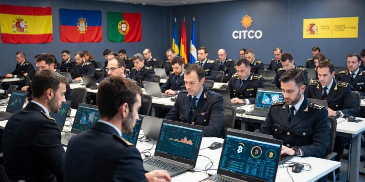 Agentes policiales aparecen sentados cada uno frente a una computadora en la que se observa información sobre bitcoin y criptomonedas