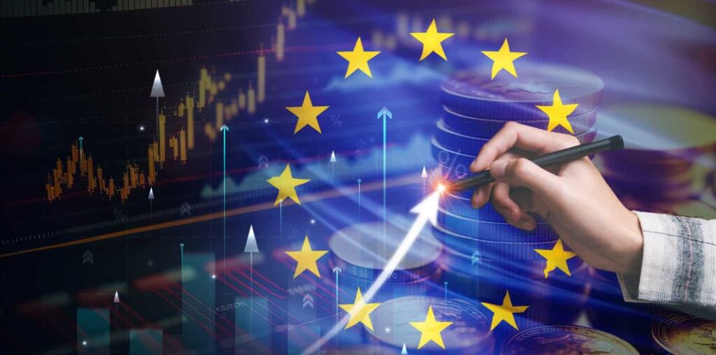 Bandera de Europa e inversiones en criptomonedas.