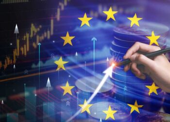 Bandera de Europa e inversiones en criptomonedas.