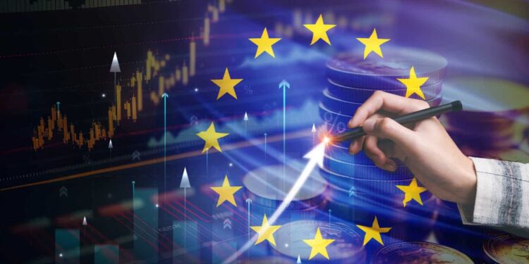 Bandera de Europa e inversiones en criptomonedas.