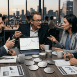 Inversores debatiendo alrededor de una mesa con monedas físicas de XRP.