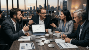 Inversores debatiendo alrededor de una mesa con monedas físicas de XRP.