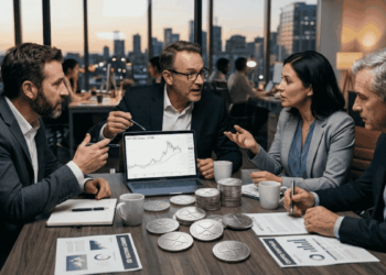 Inversores debatiendo alrededor de una mesa con monedas físicas de XRP.