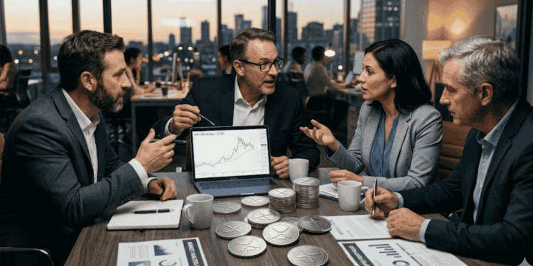 Inversores debatiendo alrededor de una mesa con monedas físicas de XRP.