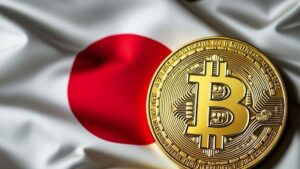 Una moneda de bitcoin sobre la bandera de Japón.
