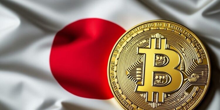 Una moneda de bitcoin sobre la bandera de Japรณn.