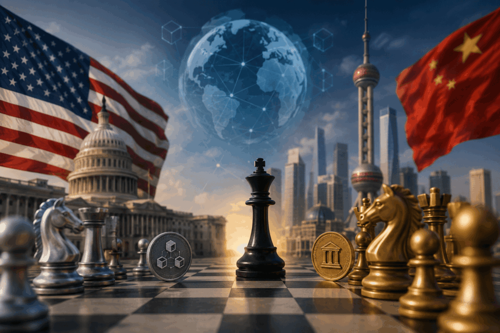 Tablero de ajedrez con monedas digitales y símbolos económicos, con el capitolio y la bandera de EE.UU y China
