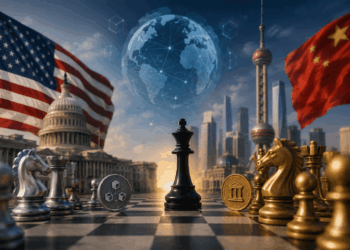 Tablero de ajedrez con monedas digitales y símbolos económicos, con el capitolio y la bandera de EE.UU y China