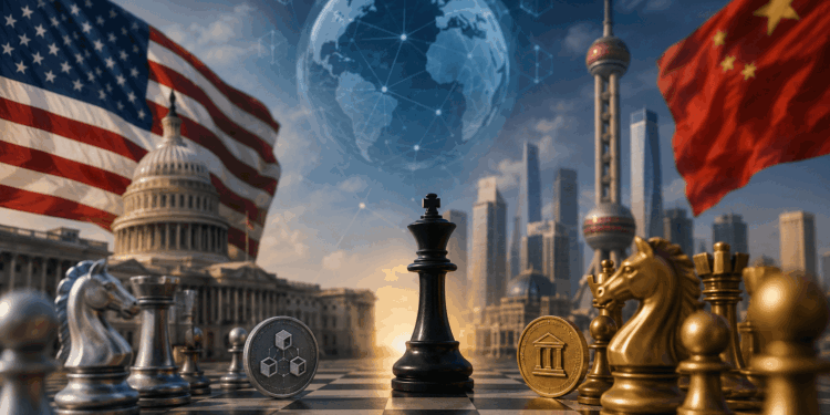 Tablero de ajedrez con monedas digitales y símbolos económicos, con el capitolio y la bandera de EE.UU y China