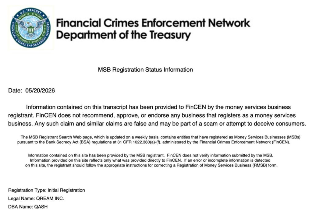 Captura de pantalla de la licencia MSB de Qash.