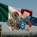 Una bandera de México domina la escena y ondea junto con una de la Unión Europea más pequeña y logos de monedas digitales.