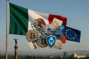 Una bandera de México domina la escena y ondea junto con una de la Unión Europea más pequeña y logos de monedas digitales.