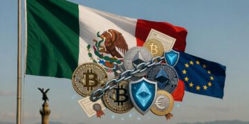Una bandera de México domina la escena y ondea junto con una de la Unión Europea más pequeña y logos de monedas digitales.