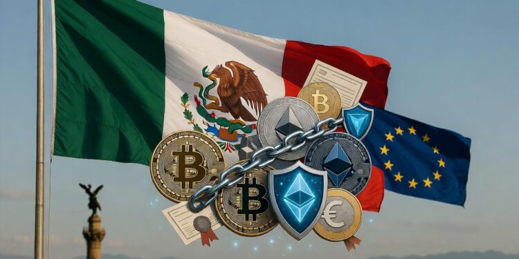 Una bandera de México domina la escena y ondea junto con una de la Unión Europea más pequeña y logos de monedas digitales.