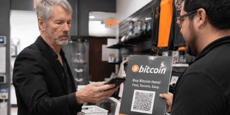 Michael Saylor comprando bitcoin en una tienda.