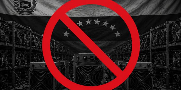 Ilustración en blanco y negro de una granja de minería de criptomonedas con múltiples máquinas de bitcoin y cables industriales, frente a una bandera de Venezuela