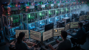 Personas minando Bitcoin con ASIC en un centro de minería.