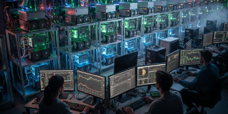 Personas minando Bitcoin con ASIC en un centro de minería.