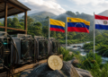 Minería de bitcoin con energía hidroeléctrica en América Latina, con banderas de Colombia, Venezuela y Paraguay en un entorno natural