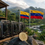 Minería de bitcoin con energía hidroeléctrica en América Latina, con banderas de Colombia, Venezuela y Paraguay en un entorno natural