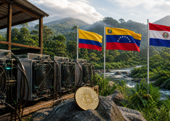 Minería de bitcoin con energía hidroeléctrica en América Latina, con banderas de Colombia, Venezuela y Paraguay en un entorno natural