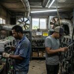 Mineros de Bitcoin y operadores en un cuarto.