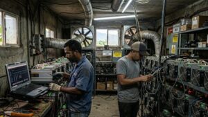 Mineros de Bitcoin y operadores en un cuarto.