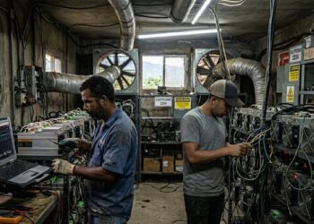 Mineros de Bitcoin y operadores en un cuarto.