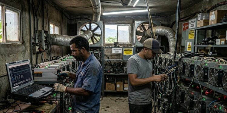 Mineros de Bitcoin y operadores en un cuarto.