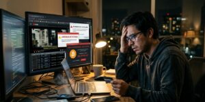 Una persona estรก frente a su computadora con cara de preocupaciรณn.