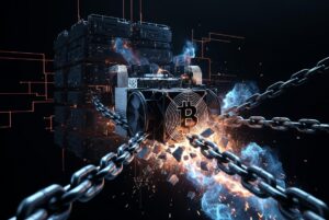 Un rig ASIC de minerรญa en primer plano rompiendo sus cadenas que lo ataban a un pool centralizado lejano.