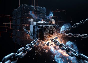 Un rig ASIC de minería en primer plano rompiendo sus cadenas que lo ataban a un pool centralizado lejano.
