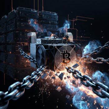 Un rig ASIC de minería en primer plano rompiendo sus cadenas que lo ataban a un pool centralizado lejano.