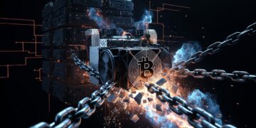Un rig ASIC de minería en primer plano rompiendo sus cadenas que lo ataban a un pool centralizado lejano.