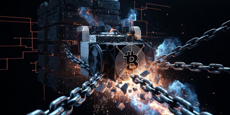 Un rig ASIC de minería en primer plano rompiendo sus cadenas que lo ataban a un pool centralizado lejano.