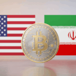 Banderas de Estados Unidos, Irán y moneda de bitcoin.