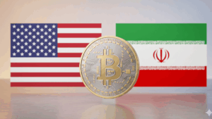 Banderas de Estados Unidos, Irán y moneda de bitcoin.