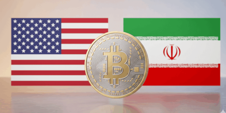 Banderas de Estados Unidos, Irán y moneda de bitcoin.
