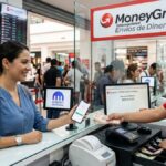 Una persona intercambiando criptomonedas por dinero físico en una agencia de MoneyGram, con el logo de esa empresa y del exchange Kraken.