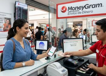 Una persona intercambiando criptomonedas por dinero físico en una agencia de MoneyGram, con el logo de esa empresa y del exchange Kraken.
