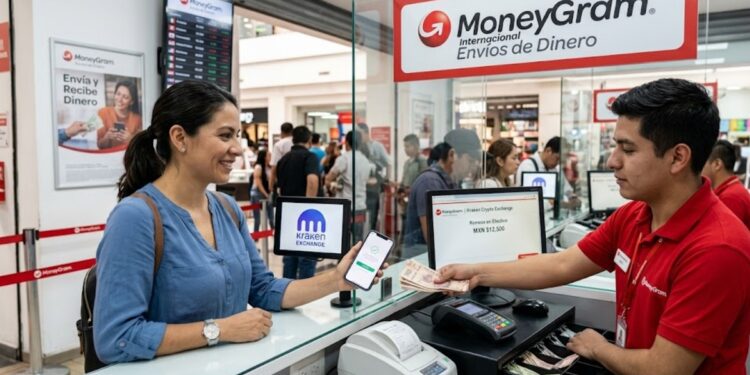 Una persona intercambiando criptomonedas por dinero físico en una agencia de MoneyGram, con el logo de esa empresa y del exchange Kraken.
